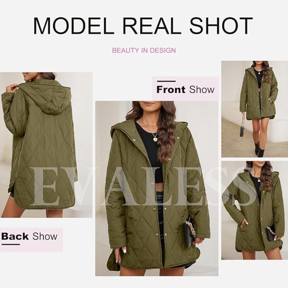 Women's olive green coat with hood, snaps, sz L